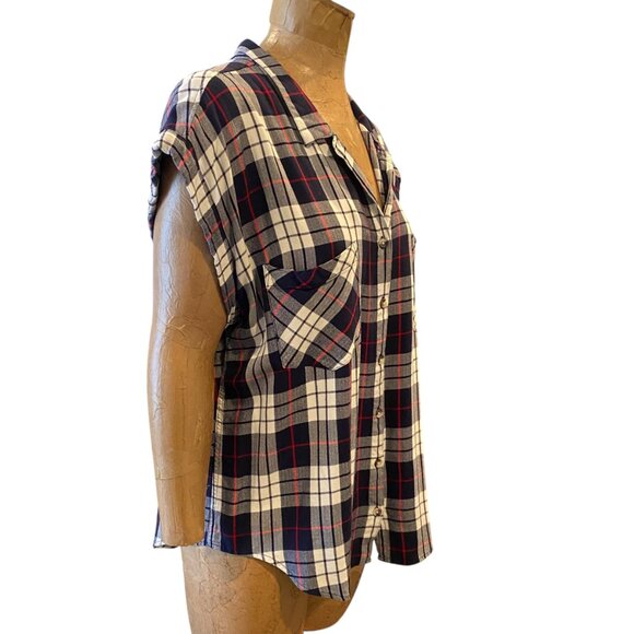 Jachs Girlfriend Quinn Cap Sleeve Button-Down Flannel Plaid Top XXL Blue #238V - Picture 4 of 8